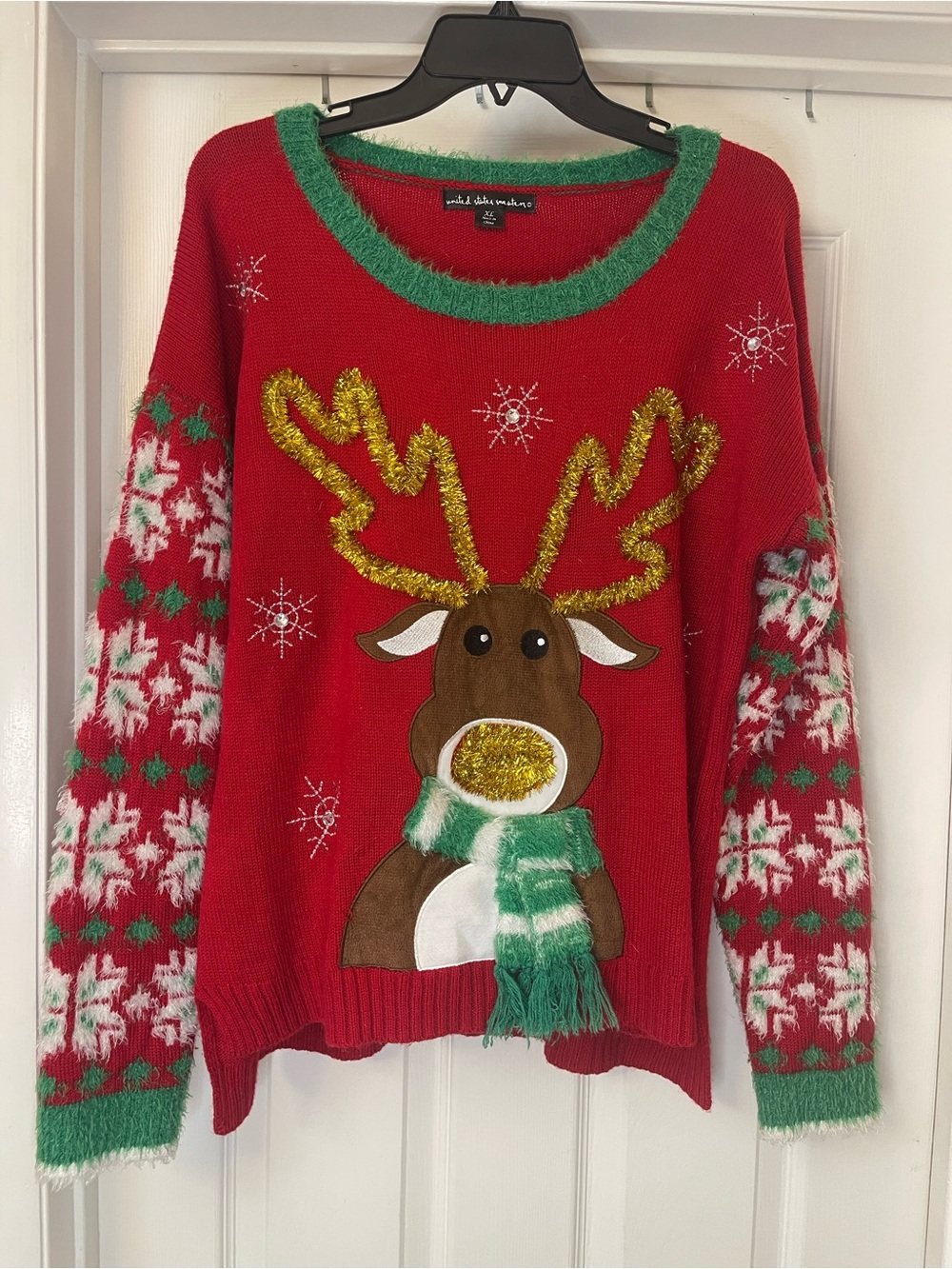Women’s Red Holiday Reindeer Sweater with Green Trim XL